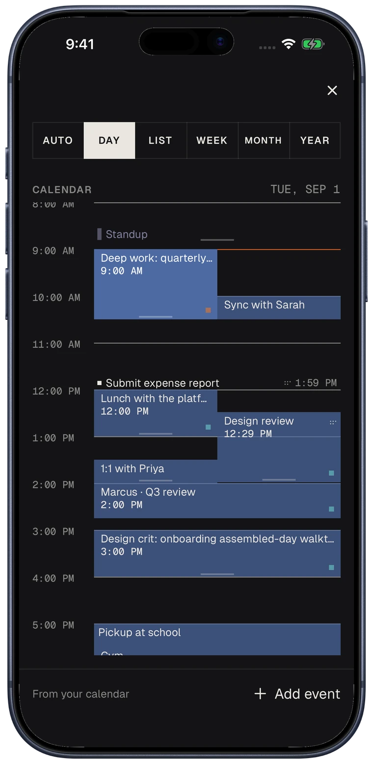 The calendar day view in the app