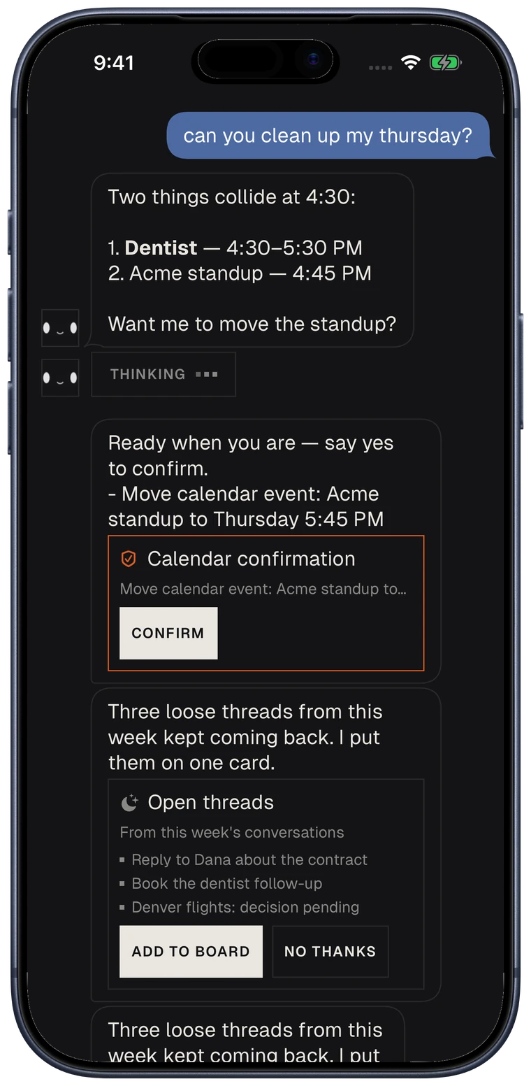 A chat where you ask it to clean up Thursday. It finds a conflict and waits for you to confirm.