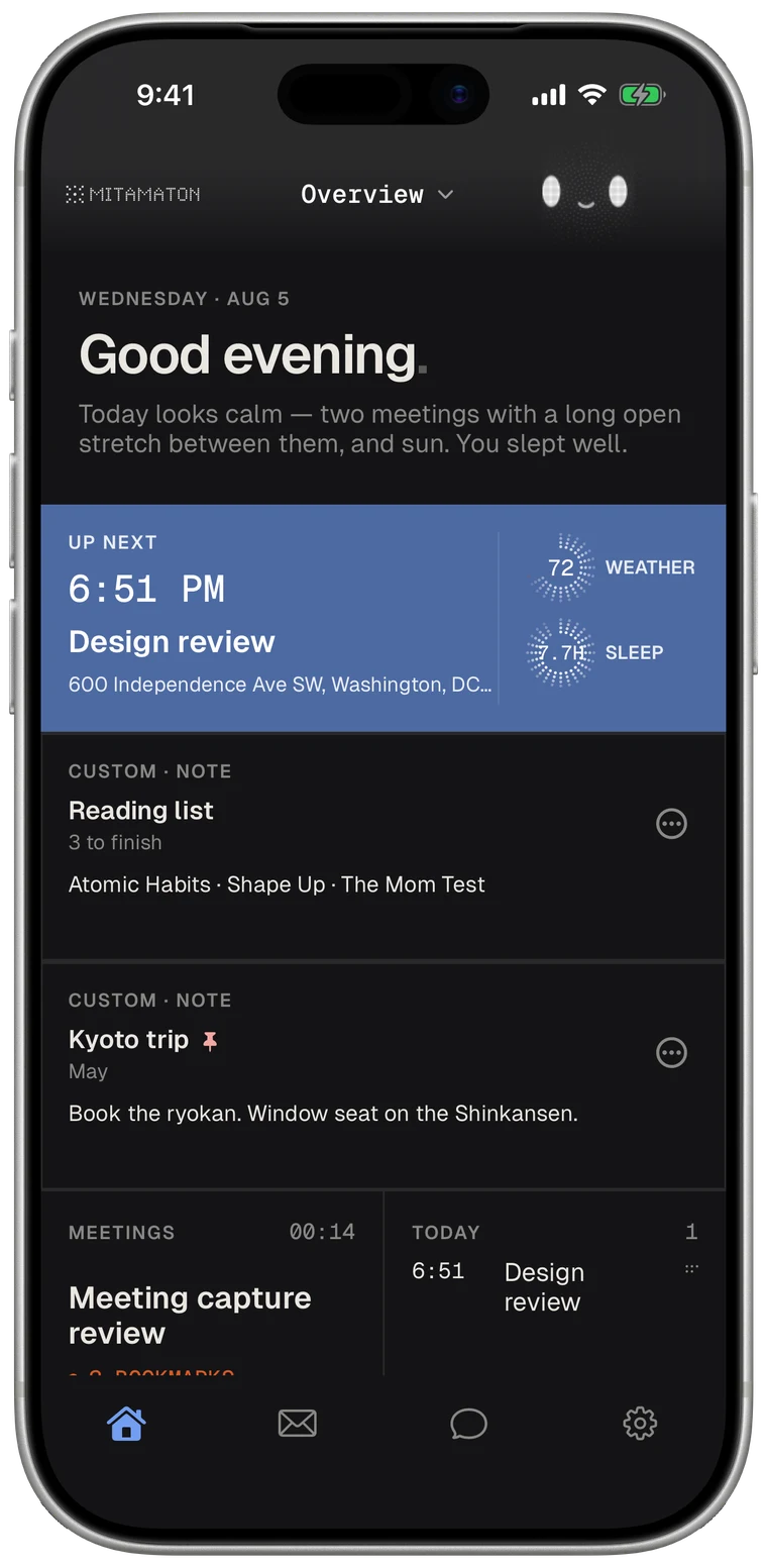 Mitamaton home screen in dark mode