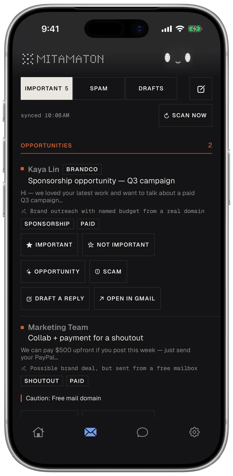Email triage: opportunities surfaced with plain-language reasons and feedback controls